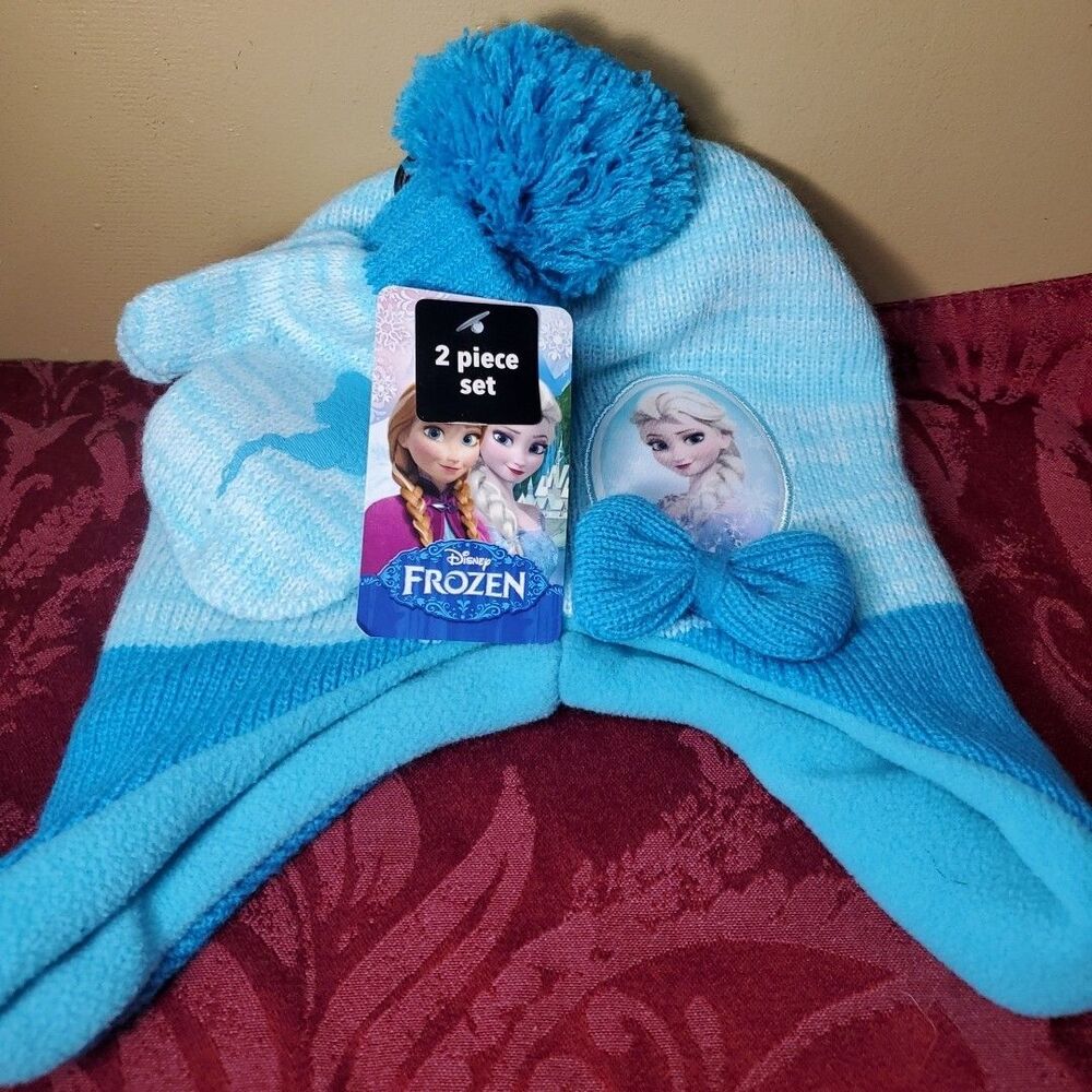 Disney Frozen Elsa Girls Knit Trapper Hat and‎ Mittens 2 Piece Set Blue OSFM NEW